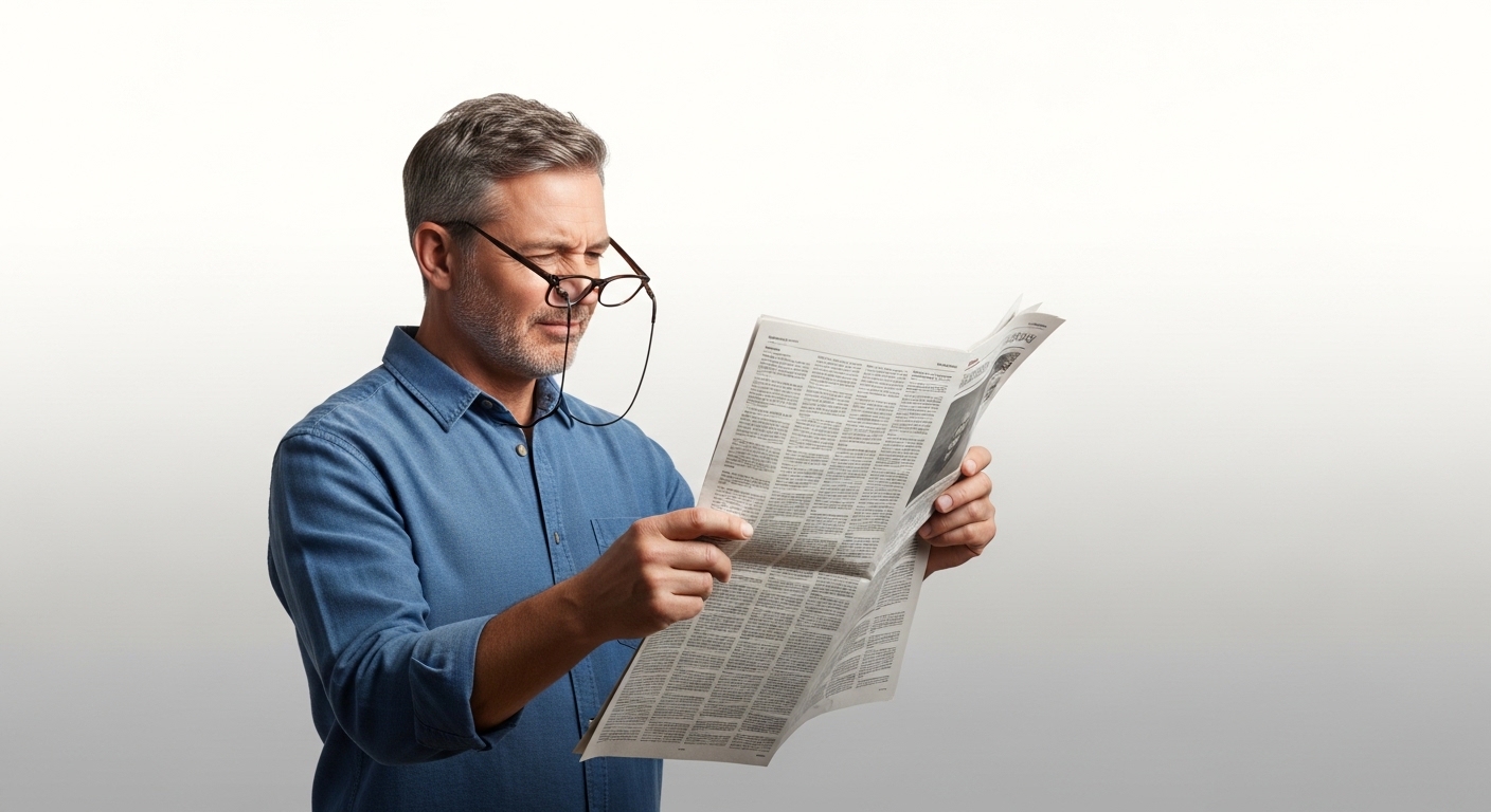 노안 증상으로 인해 휴대폰을 멀리 들고 초점을 맞추려는 50대 환자의 모습